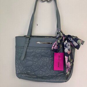 Betsey Johnson Shoulder Purse Robins Egg Blue Quilted Hearts w/ Floral Scarf